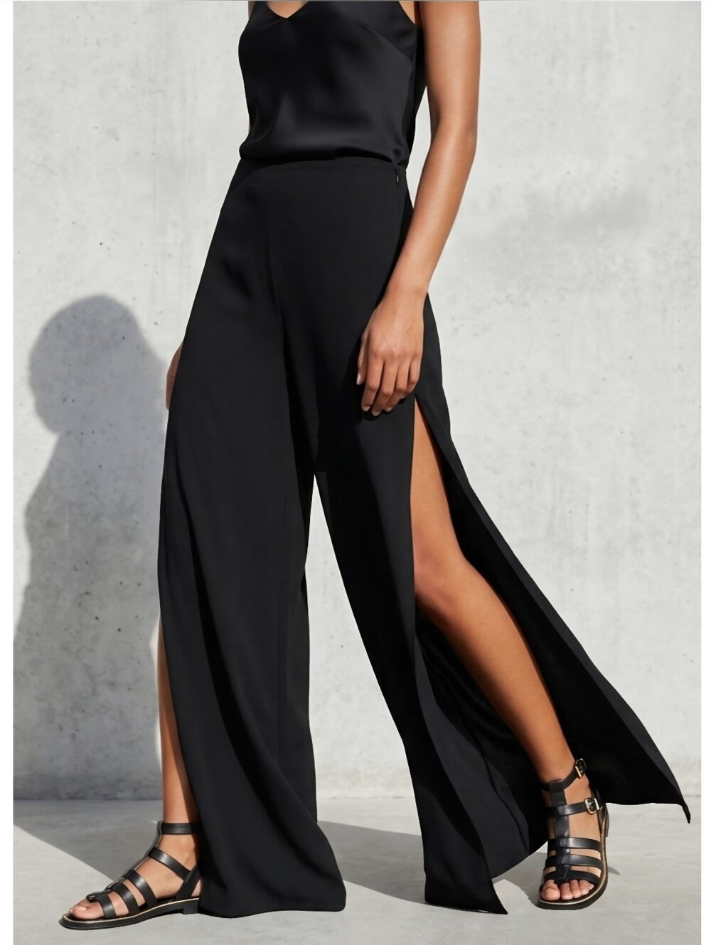 Zara Side Slit Wide Leg Black Lightweight Pants
